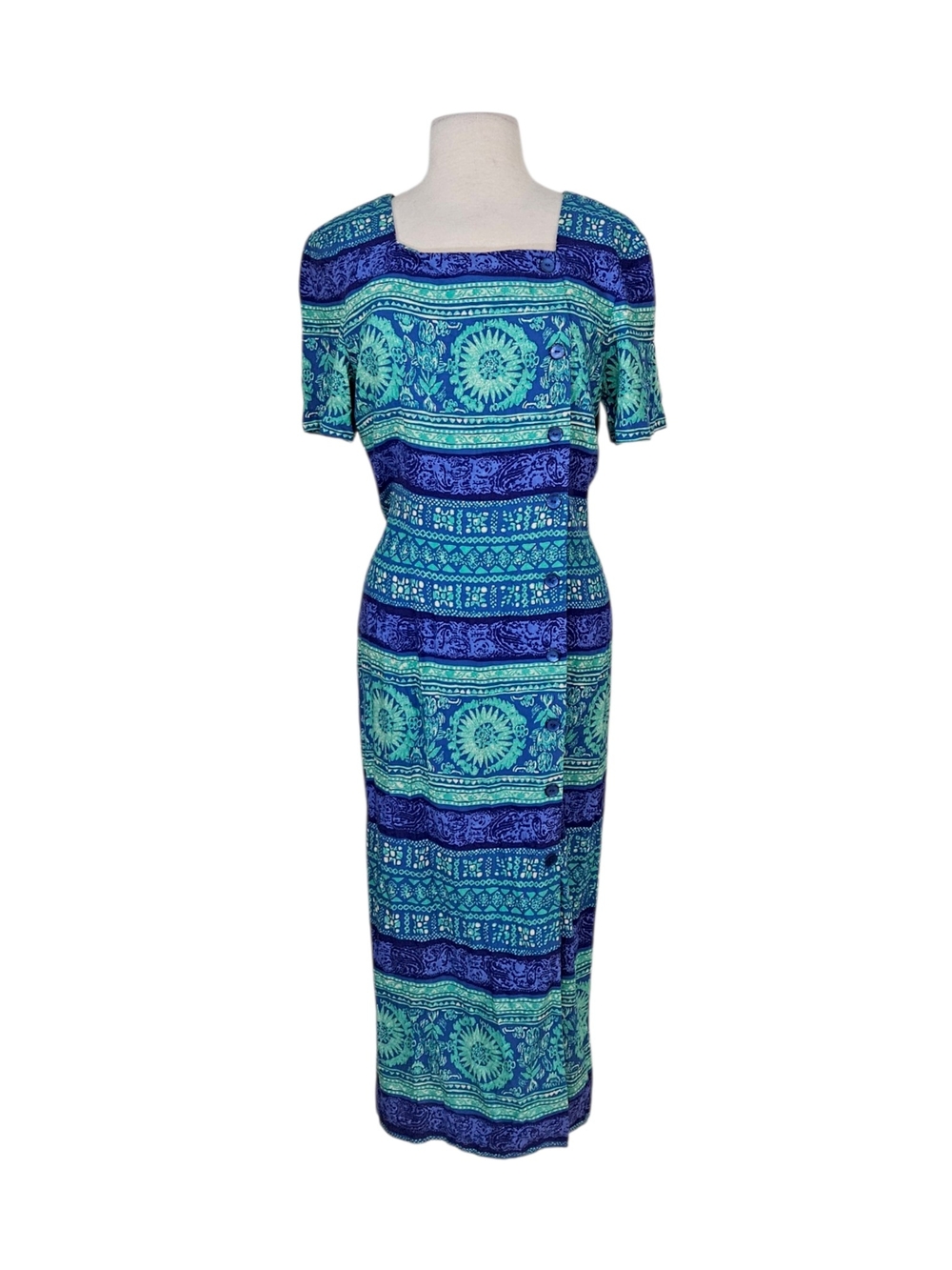 John Roberts Vintage Turquoise Blue Geometric Print Asymetic Button Midi Dress